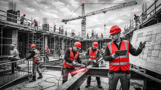 Obra en construcción: operarios con casco y chaleco reflectante rojo cortando una viga metálica y revisando planos, con una grúa torre al fondo